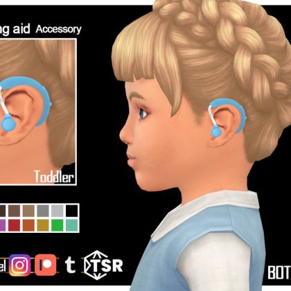 An Image of a Sim character, a young female child, facing left. She is wearing a hearing aid device. To her left, is a closer look of the hearing aid, and underneath is an assortment of colours the gamer can choose from.