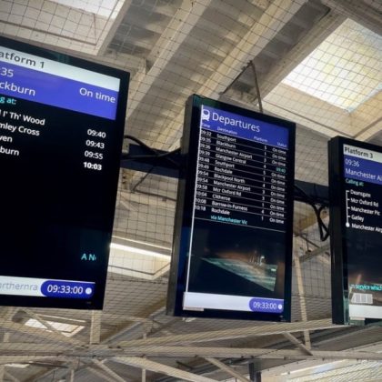 Image is of three screens showing train timetables.
