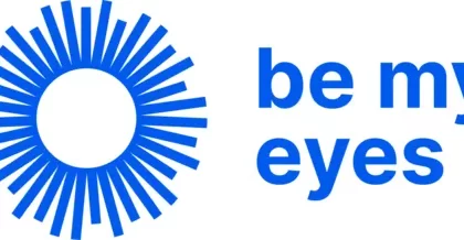 Image is the Be My Eyes logo, in blue.