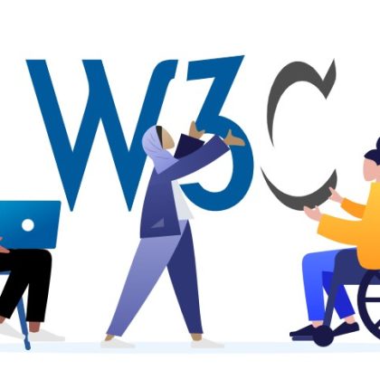 Image of the W3C logo, with three cartoon figures. One is a man on the left sitting on a chair with a laptop, the other is a woman wearing a head covering. To the right is a man in a wheelchair.