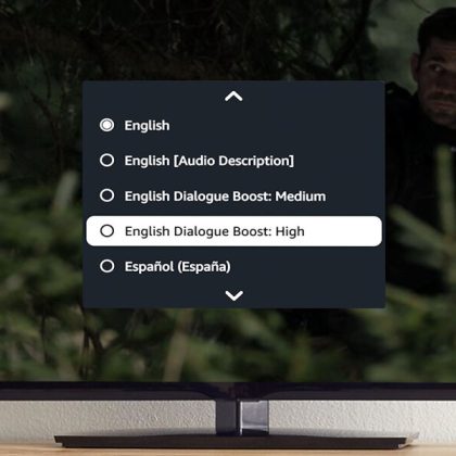 Image of a television screen, with Dialogue Boost instructions.