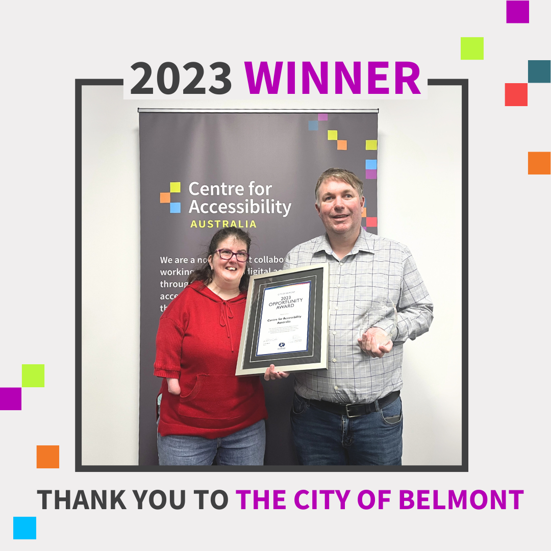 A cool, grey background. 2023 Winner. Thank you to the City of Belmont. The picture is of Laetitia Thompson, a woman in a red jumper smiling next to Dr. Scott Hollier. He is holding the framed award and a clear, diamond shaped trophy. Behind them is the CFA Australia banner. On the top right and bottom left are CFA Australia pixels. 