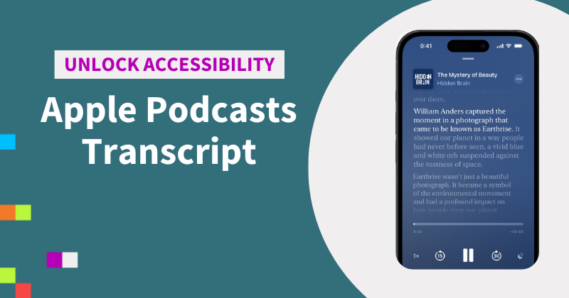 The background is teal. The text says Unlocking Accessibility. Apple Podcasts. To the right is a smart phone.