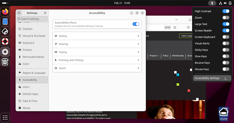 An image of the GNOME interface with options of accessibility features half draped over the Centre for Accessibility Australia web page.