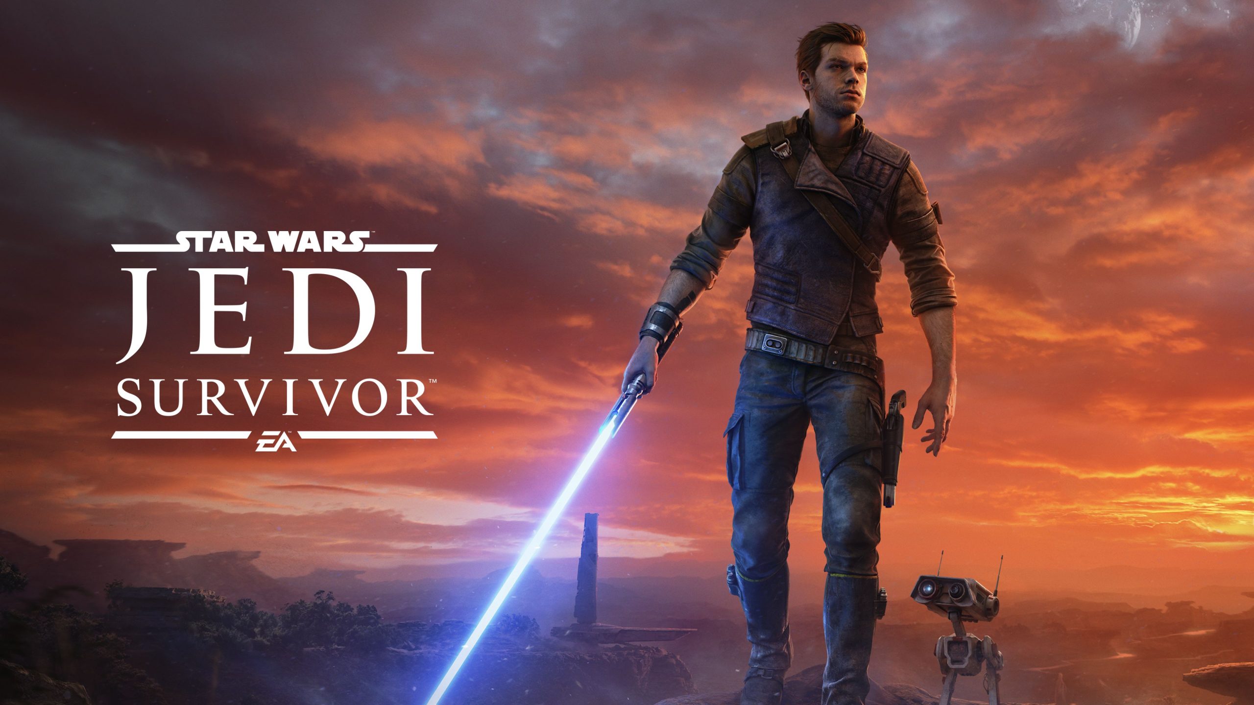 Image of apocalyptic looking background with an orange sunset. In the foreground is a male video game character, holding a blue lightsaber. Beside him is a small robot. The text says Star Wars Jedi Survivor, with the EA Game logo.