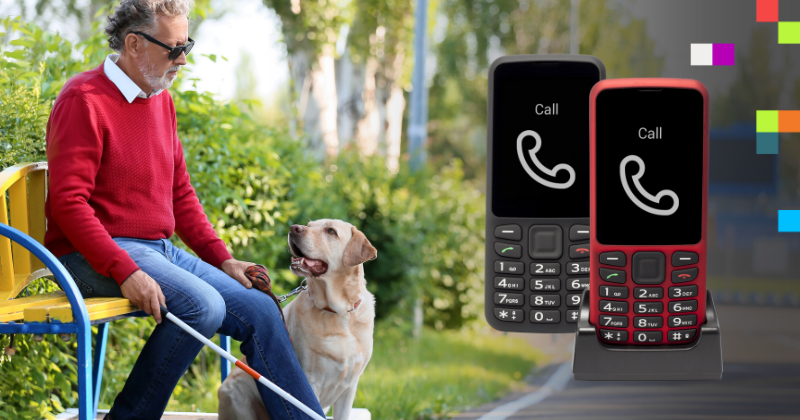 An image of a blind man wearing a red jumper, with a cane and guide dog, seated in a garden. Beside that image are two smart phones.