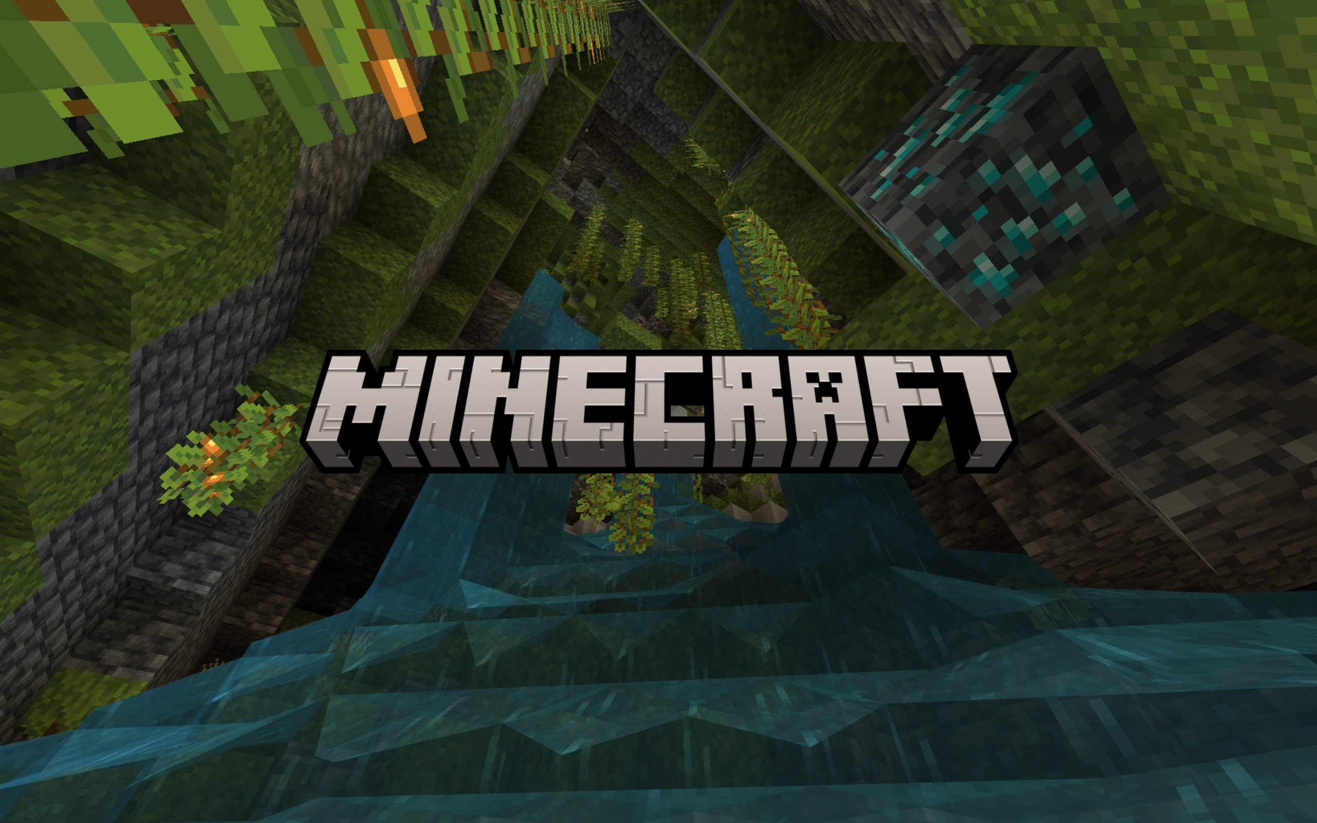 Image is of the Minecraft logo. Behind the logo is a Minecraft woodland and water scene.