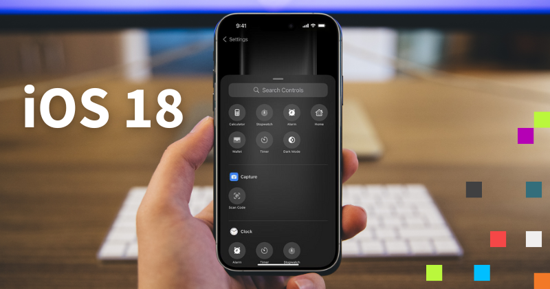 An image of a hand holding a smart phone. The text says iOS 18.