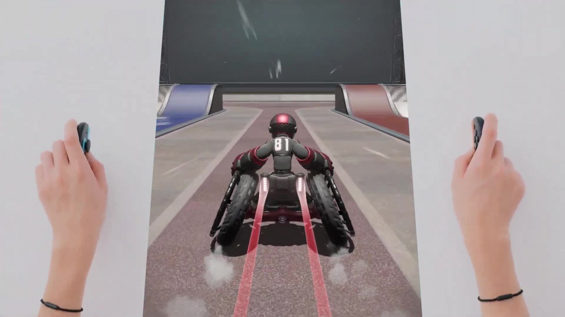 In the middle is a scene from the Drag x Drive game of a player in a wheelchair racing down the court. On either side of the picture are hands playing with the controllers.