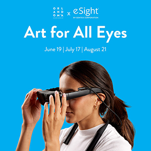 A picture of a woman wearing accessible goggles. Text says Art for All Eyes.