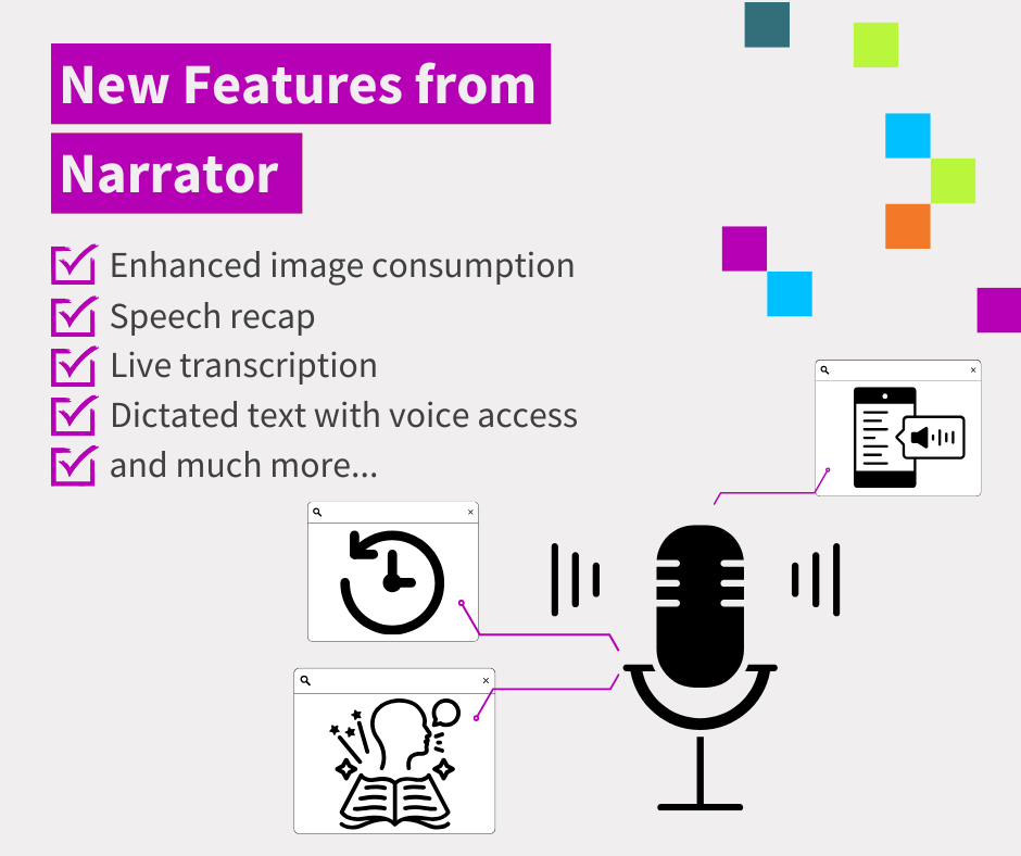 Text says new features from narrator. Below that is a list - each item has a tick checked off. The list includes enhanced image consumption, speech recap, live transcription, dictated text with voice access, and much more. The image is of a microphone with phone symbol graphics surrounding it.