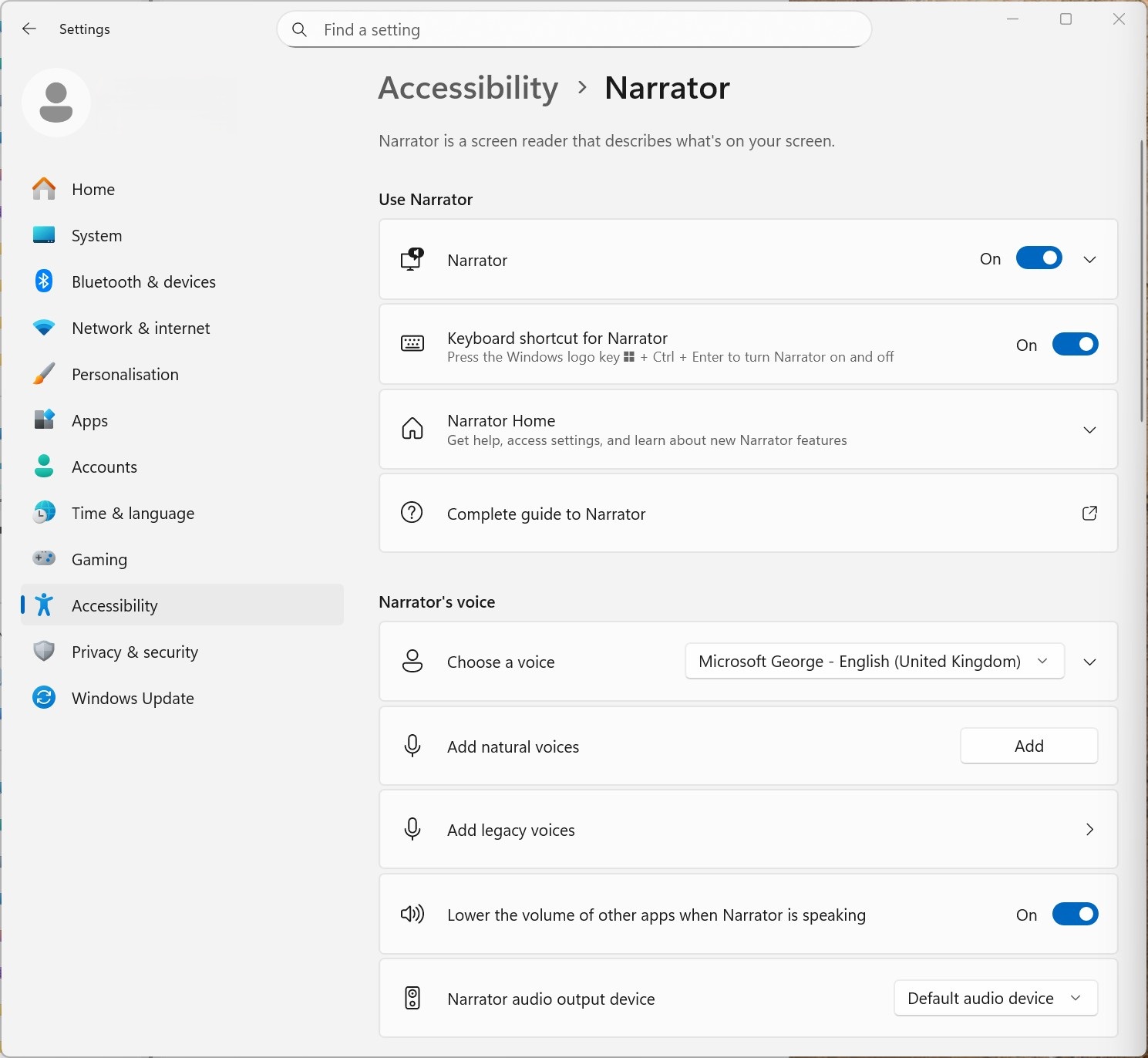 Screenshot of the Narrator settings panel in the accessibility menu.