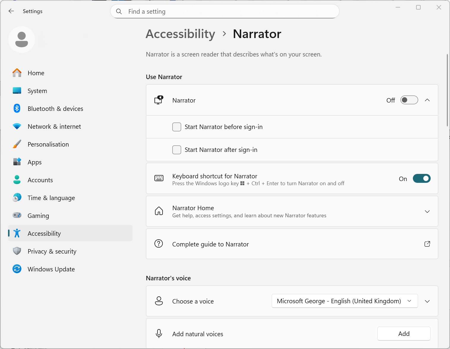 Screenshot of the keyboard shortcut on the Narrator settings panel in the accessibility menu.