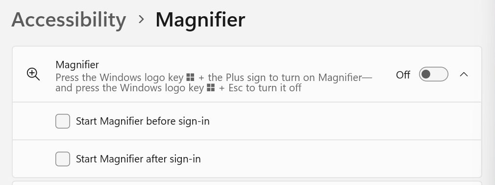 Screenshot of the location of the magnifier setting in the accessibility menu.