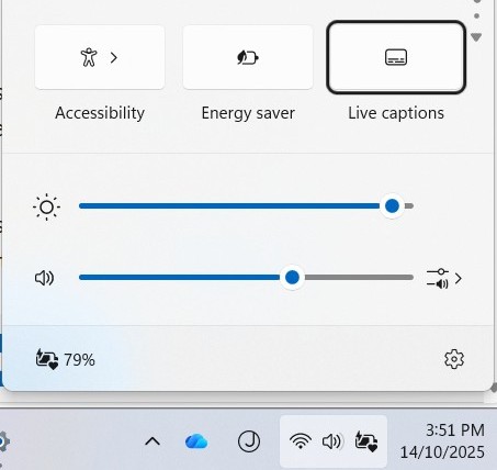 Screenshot of the system tray with a keyboard focus on Live captions button.