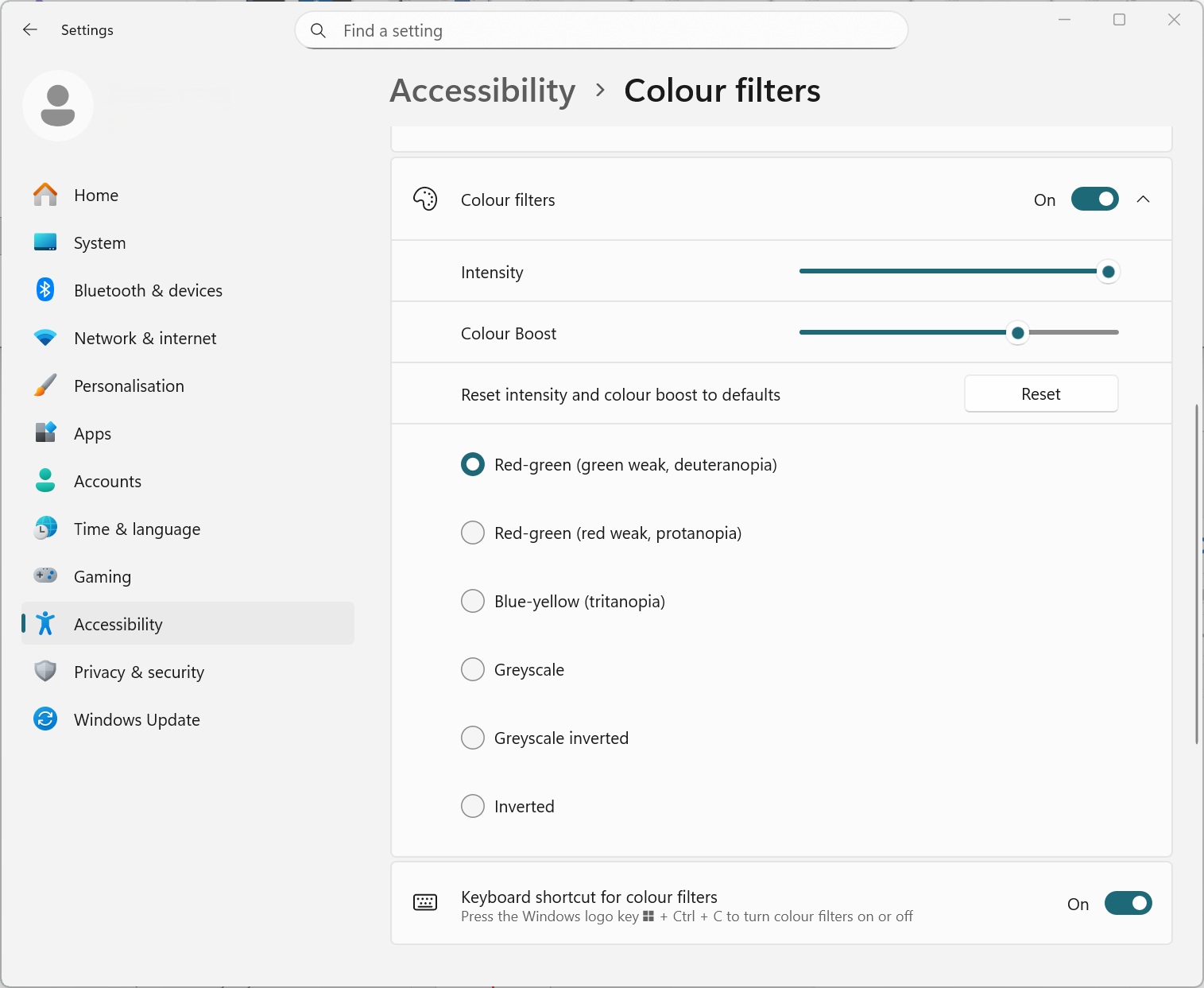 Screenshot of colour filters menu