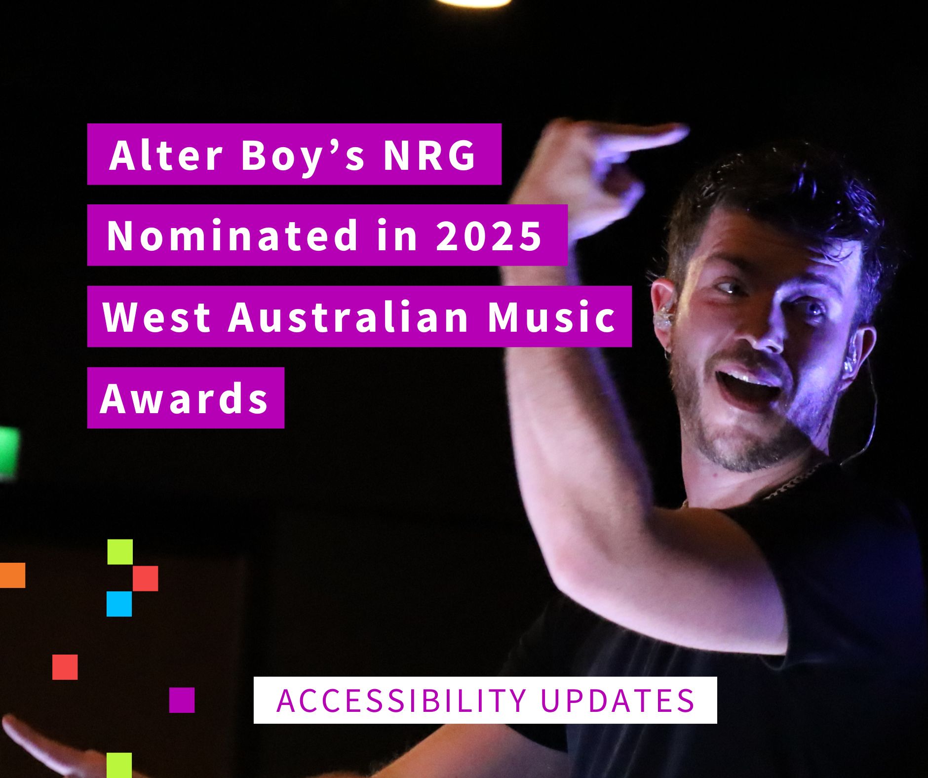 Image of Luke Eastman (AKA 'NRG'), with title announcing his nomination in the 2025 West Australian Music Awards.