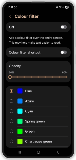 Toggle for enabling or disabling colour filter