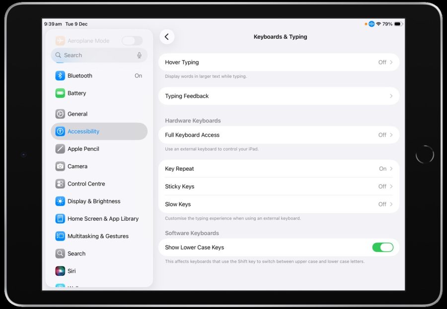 Screenshot of Keyboard & Typing menu.