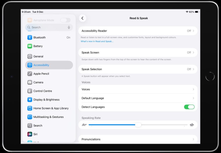 Features in the Read & Speak Content menu.