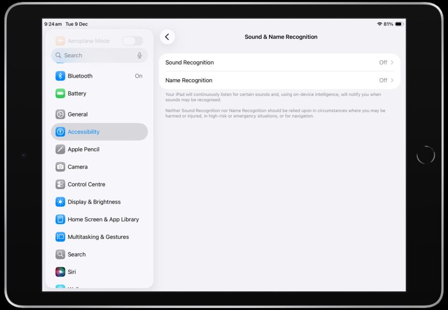 Screenshot of Sound & Name Recognition settings page