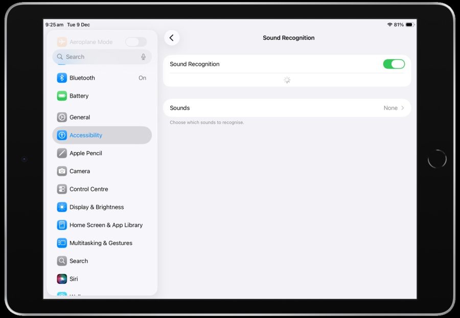 Screenshot of Sound Recognition settings page
