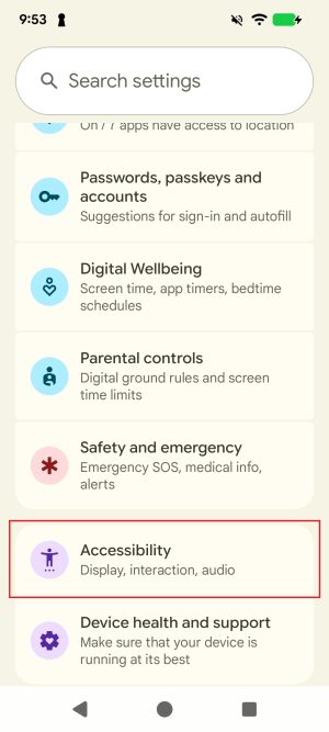 The settings menu of an Android phone. The 'Accessibility' menu option is highlighted with a red border.