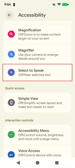 The Accessibility settings menu of an Android phone. The menu option 'Select to Speak' is highlighted with a red border. The setting is currently turned off.