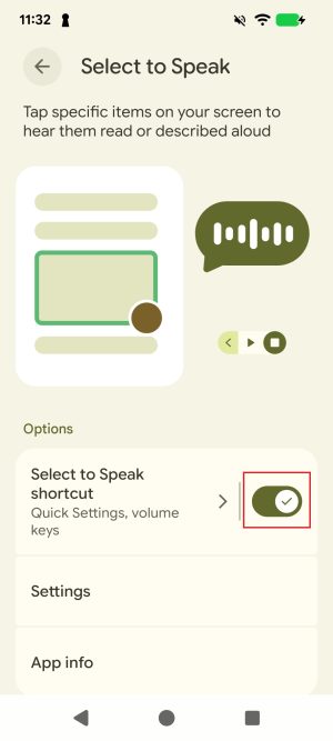 The Select to Speak settings on an Android phone. Select to Speak shortcut is toggled on and the toggle is highlighted with a red border.