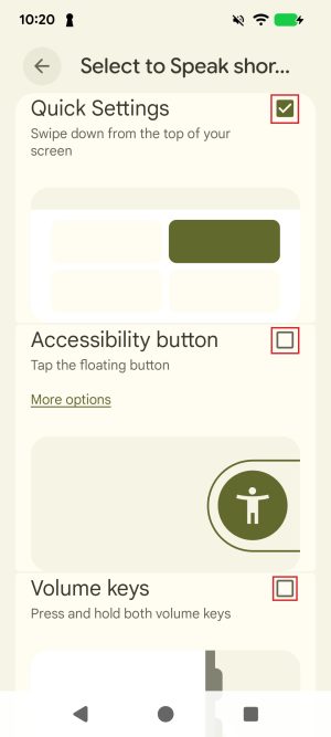 List of shortcuts for Select to Speak feature on Android phone
