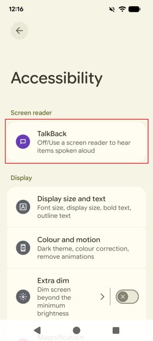 The Accessibility settings menu of an Android phone. The menu option 'TalkBack' is highlighted with a red border. The setting is currently turned off.