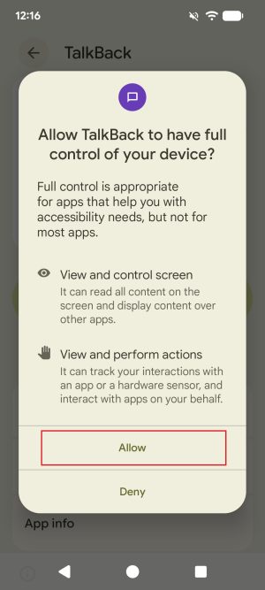 A popup asking for the user's permission to allow TalkBack to have full control of their device. The popup states that TalkBack can view and control the screen and view and perform actions. The "Allow" button is highlighted with a red border.