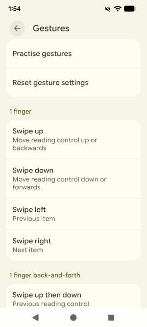 The TalkBack gestures settings screen on an Android phone. There are options to practise and reset gestures, and a list of 1-finger gesture controls and what they do.