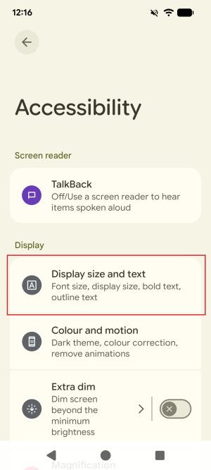 The Accessibility settings menu of an Android phone. The menu option 'Display size and text' is highlighted with a red border.