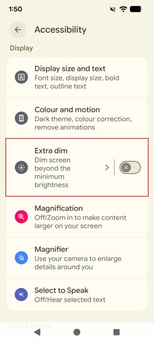 The Accessibility menu on an Android phone. The shown options are 'Display size and text', 'Colour and motion', 'Extra dim', 'Magnification', 'Magnifier', and 'Select to Speak'. Extra dim is highlighted with a red border.