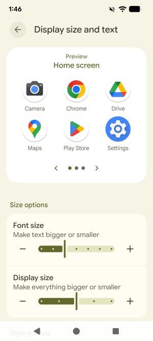 The Android settings page for changing display and font size. An example screen is shown above two sliders, one for font size and one for display size. The sample shows several app icons and their names.