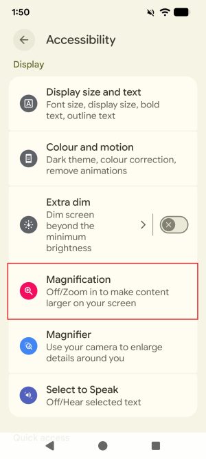 The Accessibility settings menu of an Android phone. The menu option 'Magnification' is highlighted with a red border. The feature is currently turned off.