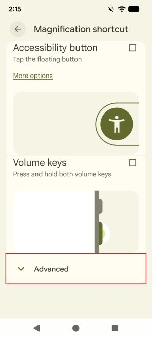 The screen for setting up quick shortcuts for the Magnification feature on an Android phone. There is a toggle labelled "Advanced" at the bottom of the screen, which is highlighted with a red border.
