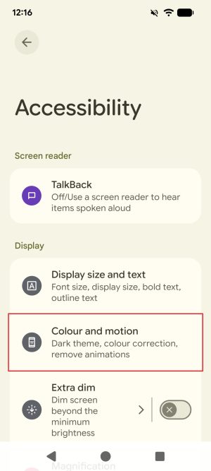 The Accessibility settings menu of an Android phone. The menu option 'Colour and motion' is highlighted with a red border.