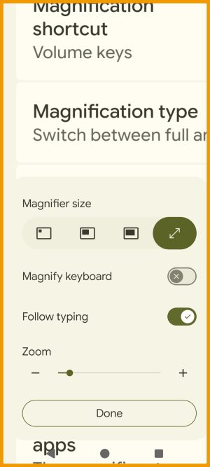 A screenshot showing the settings popup that appears when using the Android Magnifier feature. There are options to magnify the whole screen or magnify boxes of varying sizes, toggles for 'Magnify keyboard' and 'Follow typing', and a 'Zoom' slider.