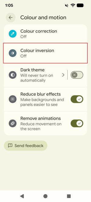 The 'Colour and motion' submenu of the Android Accessibility settings. The option "Colour inversion" is highlighted with a red border.