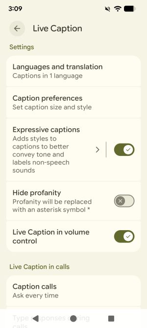 The Live Caption settings on an Android phone. There are settings for Languages and translation, caption preferences, expressive captions, hiding profanity, having Live Caption in volume control, and options for Live Caption in calls.