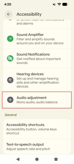 The Accessibility settings menu of an Android phone. The menu option 'Audio Adjustment' is highlighted with a red border.