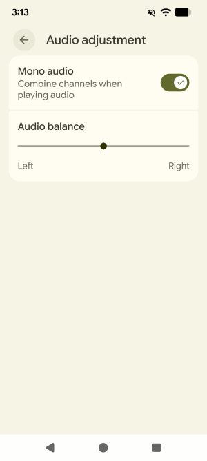 The 'Audio adjustment' accessibility option on an Android phone. There is a toggle for turning Mono audio on or off, and a slider for left-right audio balance.