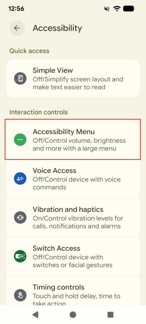 The Accessibility settings menu of an Android phone. The menu option 'Accessibility Menu' is highlighted with a red border.