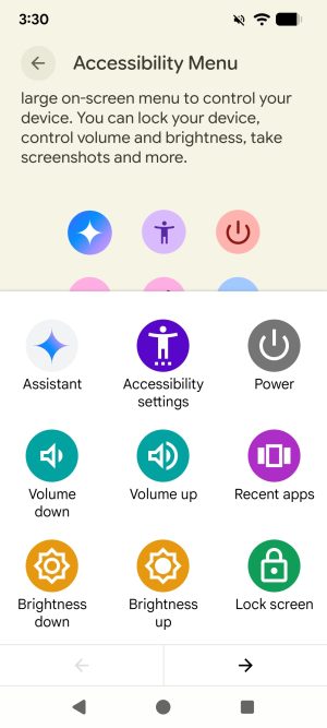 The Android Accessibility menu is shown over the settings page for the Accessibility Menu. The menu includes options for power, volume, recent apps, brightness, and screen lock.