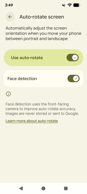 The Auto-rotate screen settings screen on Android phones. There are two toggles: "Use auto-rotate" and "Face detection".