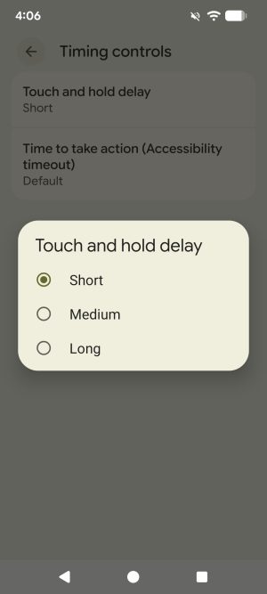 The Timing controls submenu of the Accessibility settings on Android devices. A popup for "Touch and hold delay" is focused. The options are Short, Medium, and Long.