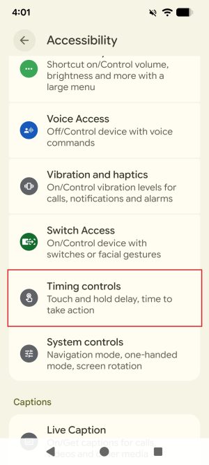 The Accessibility settings menu of an Android phone. The menu option 'Timing controls' is highlighted with a red border.