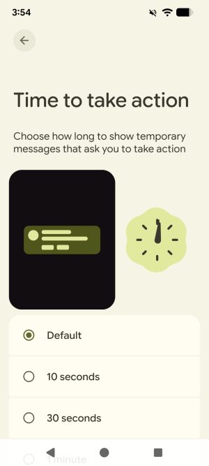 The "Time to take action" settings page on an Android device. The visible options are "Default", "10 seconds", and "30 seconds".